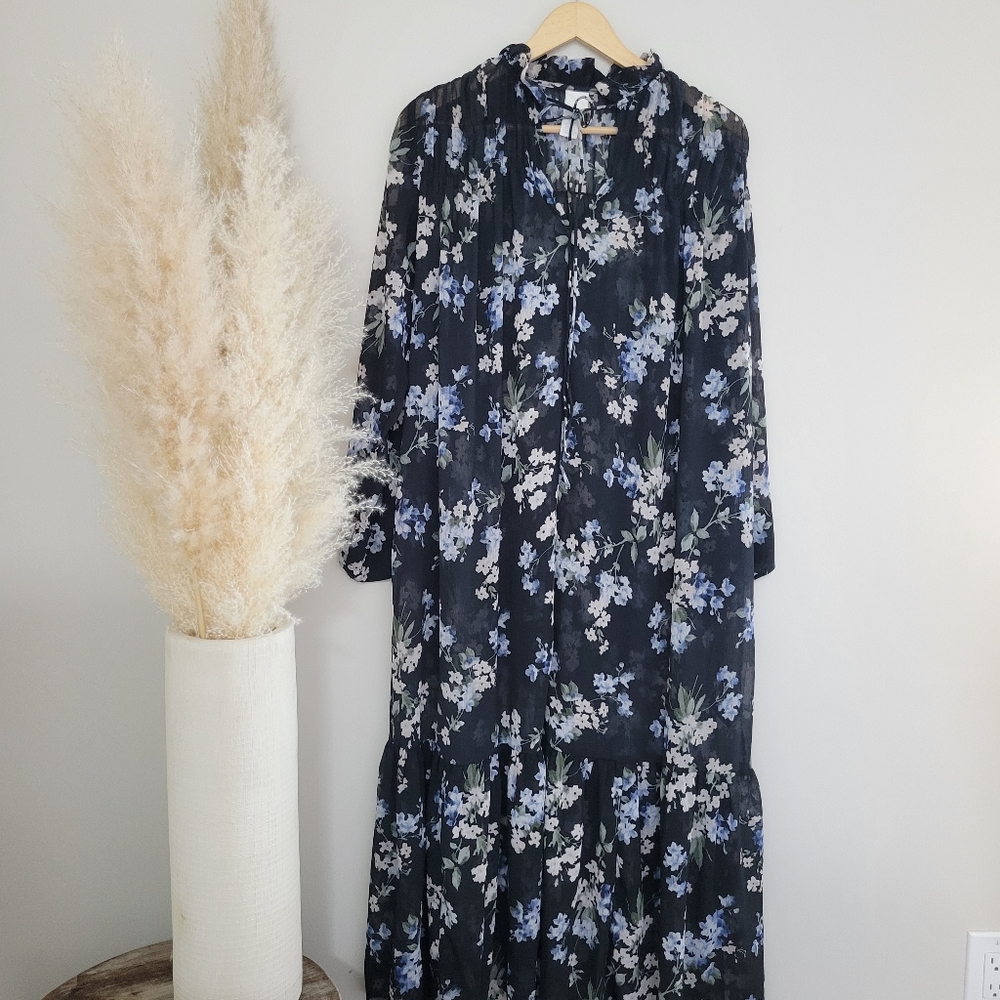 H&M Long Chiffon Ruffle Floral Dress Black Sz xs - Picture 3 of 6